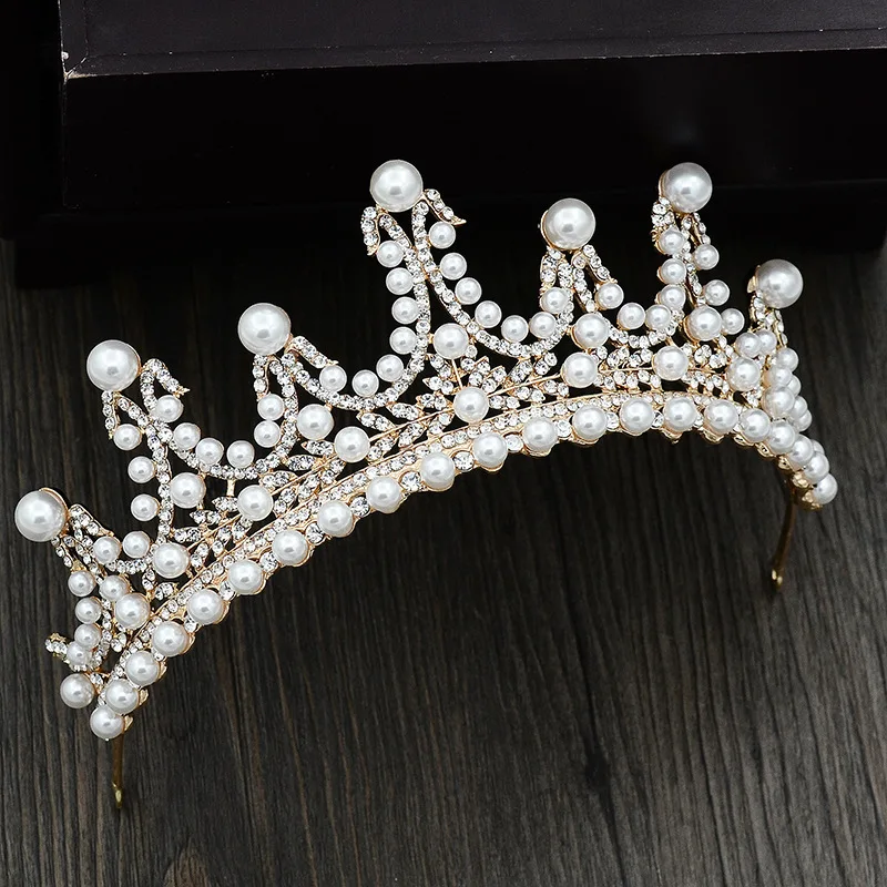 

Bridal Crystal Pearls Tiara Crowns Princess Queen Pageant Prom Rhinestone Tiara Headband Wedding Hair Crowns Headpiece Accessory