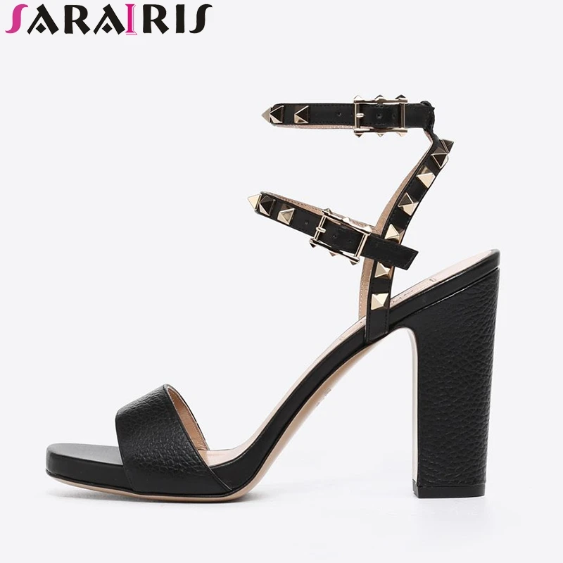 

SARAIRIS 2019 brand design summer sandals women sexy nature genuine leather sheepskin high heels rivets party shoes woman