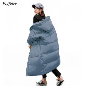 

2018 New Winter Hooded Long Sleeve over the knee Solid Color Cotton-padded Warm Loose Big Size Jacket Women parkas Fashion coat