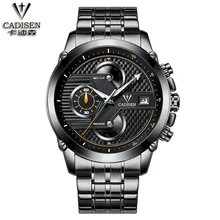 Cadisen montre hommes six-pin calendrier quartz mouvement montre Noir/noir Imprimé Noir/Noir Bande En Acier/PU en cuir montre