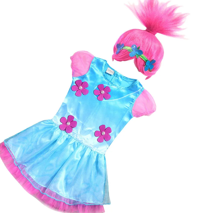 

Girls Dress Vestidos Halloween Child Girls Cartoon Trolls Cosplay Costumes Fancy Girls Moana Dress+Wig Sets Baby Clothes D0513