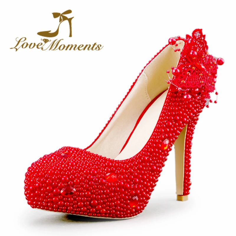 Chinese Style Red Pearl Wedding Shoes High Heel Platforms Bride Shoes ...