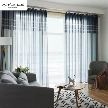 

XYZLS North Europe Style Kitchen Tulle Curtains Striped Sheer Curtains for Living Room Bedroom Floral Voile Curtain 1Piece