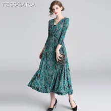 TESSCARA, женское осеннее Элегантное Длинное платье со змеиным принтом, праздничное, женское, высокое качество, винтажные, вечерние, роковой, v-образный вырез, дизайнерское, Vestidos