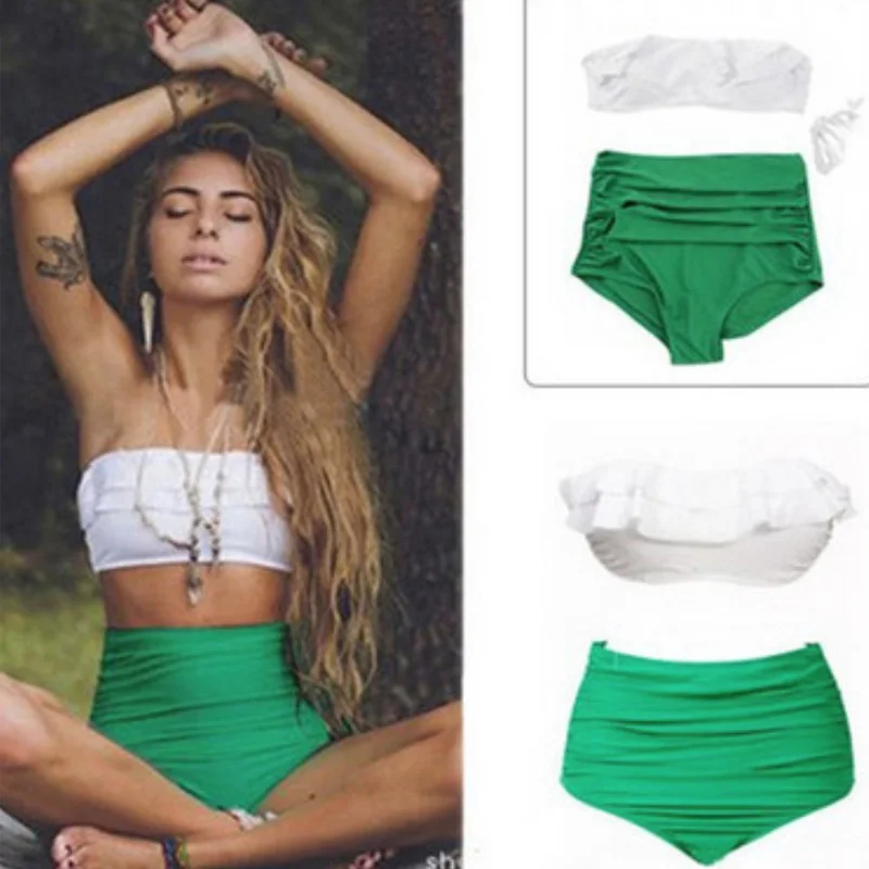 High Waist Bikini Ruffle Women Swim Bathing Suit Off Shoulder Swimwear Push Up Swimsuit Green White Beachwear Bikinis 2019 Mujer