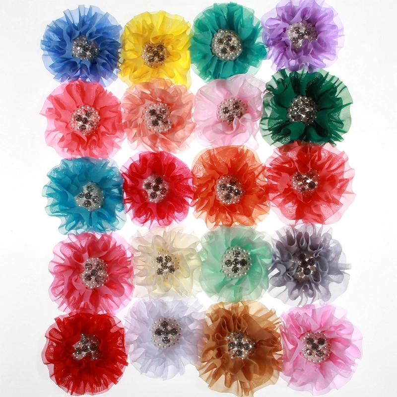 

50PCS 10CM 3.9inch Vintage Big Chiffon Flowers With Pearl Rhinestone For Headbands Fabric Flowers For Hair Clips Embellishment