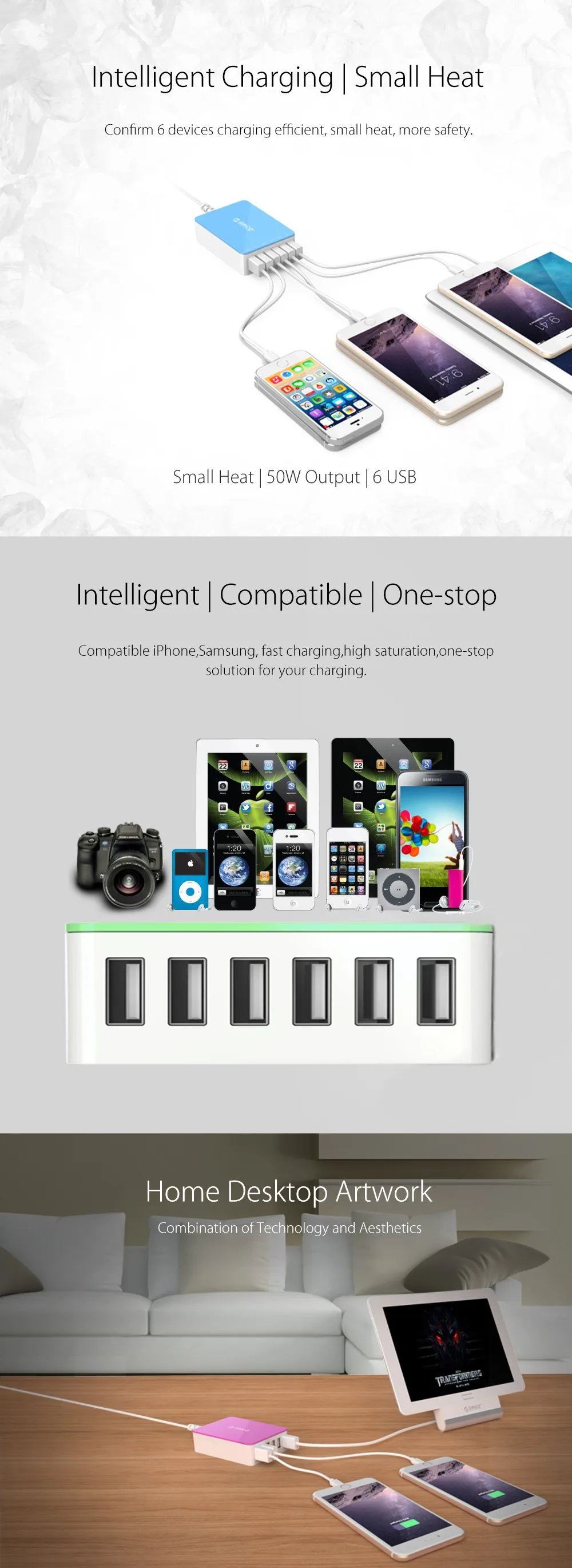 ORICO 6 портов настольное зарядное устройство 5V2. 4A 50 Вт Макс выход USB зарядное устройство адаптер питания зарядное устройство для iPhone Samgsung Xiaomi huawei Tablet