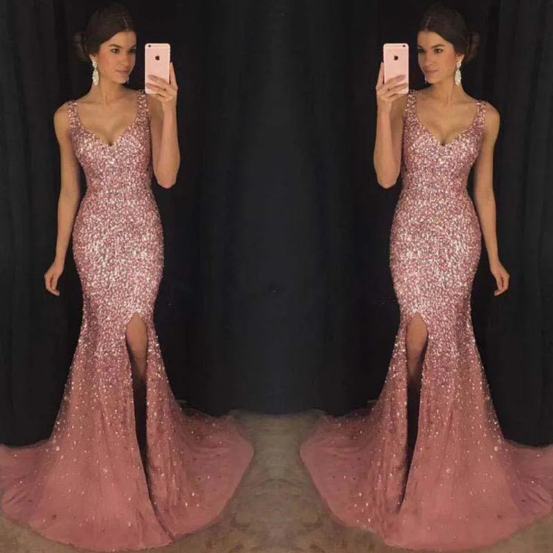 

2019 Women Summer Long Dress Vintage Sexy Elegant Party Night Dresses Sequined Pink Women Dress