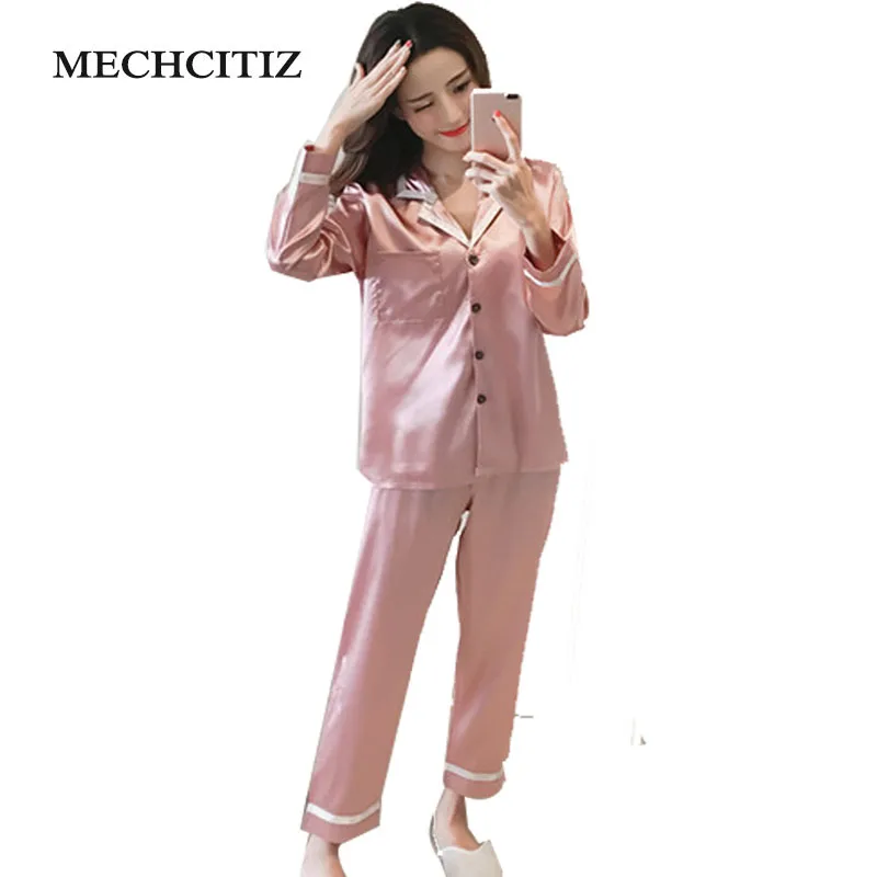 

MECHCITIZ Womens Silk Pajamas Pyjamas Set Long Sleeve Sleepwear Pajamas Suit Female Sleep Two Piece Set Loungewear Plus Size