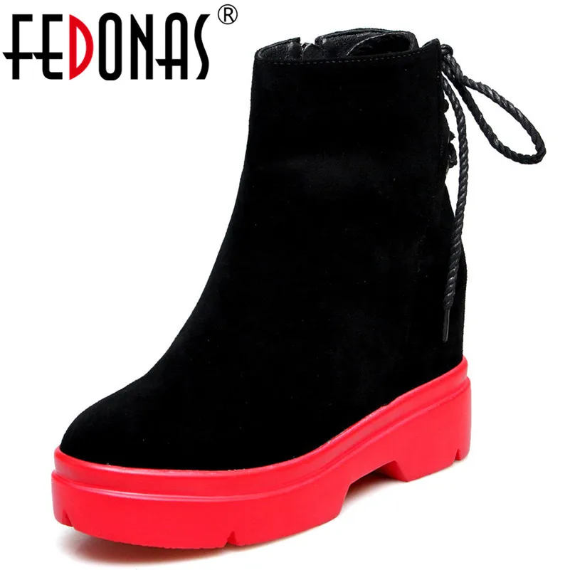 

FEDONAS Fashion Wedges High Heels Short Boots Cow Suede Women Warm Snow Boots Ladies Round Toe Casual Shoes Woman Snow Boots