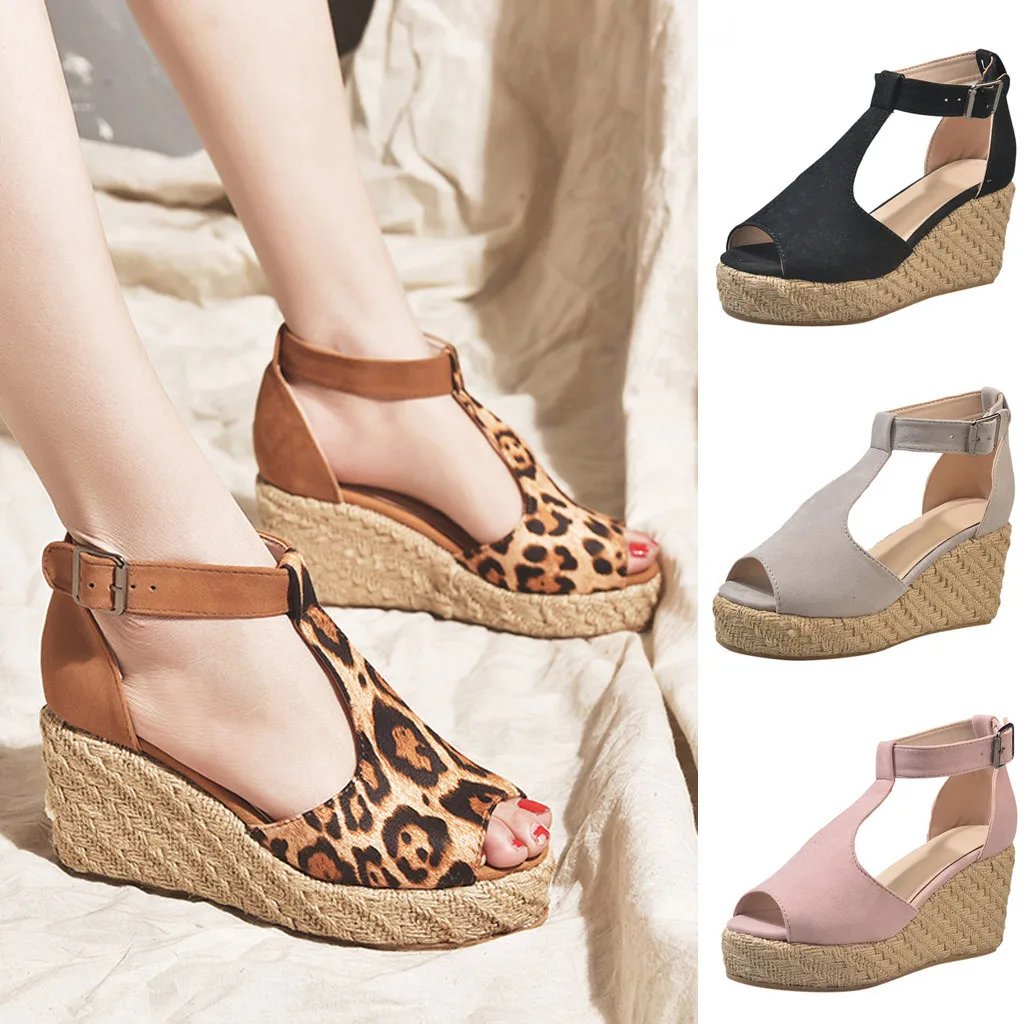 

YOUYEDIAN Shoes Woman Heels Wedge Buckle Strap Leopard High Heels Summer Wedge Buckle High Heel Platform Sandal zapatos de mujer
