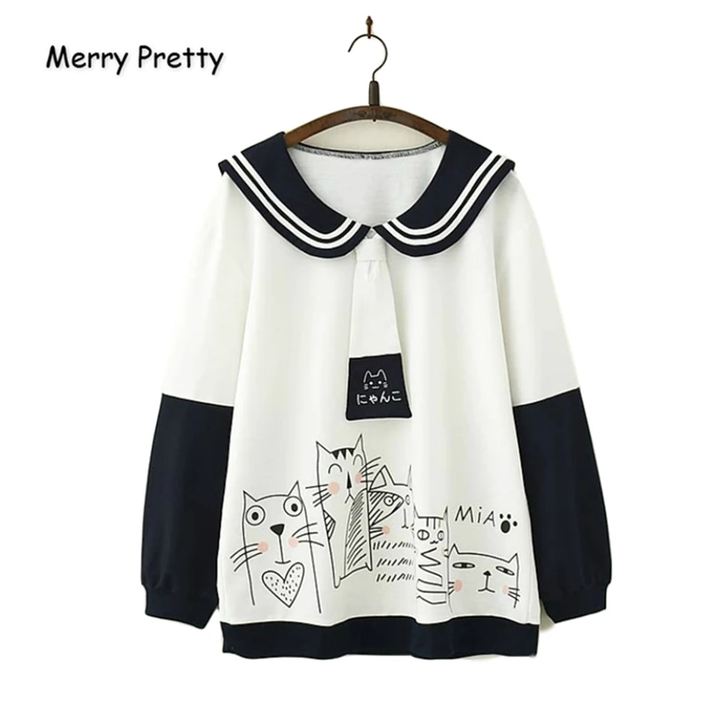 

Merry Pretty Women Sailor Collar Long Sleeve Hoodies Cartoon Pring Tie Pactwork Sweatshirts 2019 Autumn Winter Sweet Pullovers