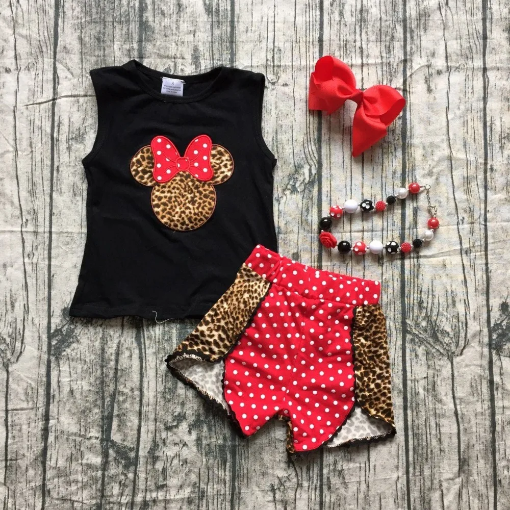 

new Summer baby girls children clothes boutique black red leopard mouse pattern sequins shorts top cotton matching accessories
