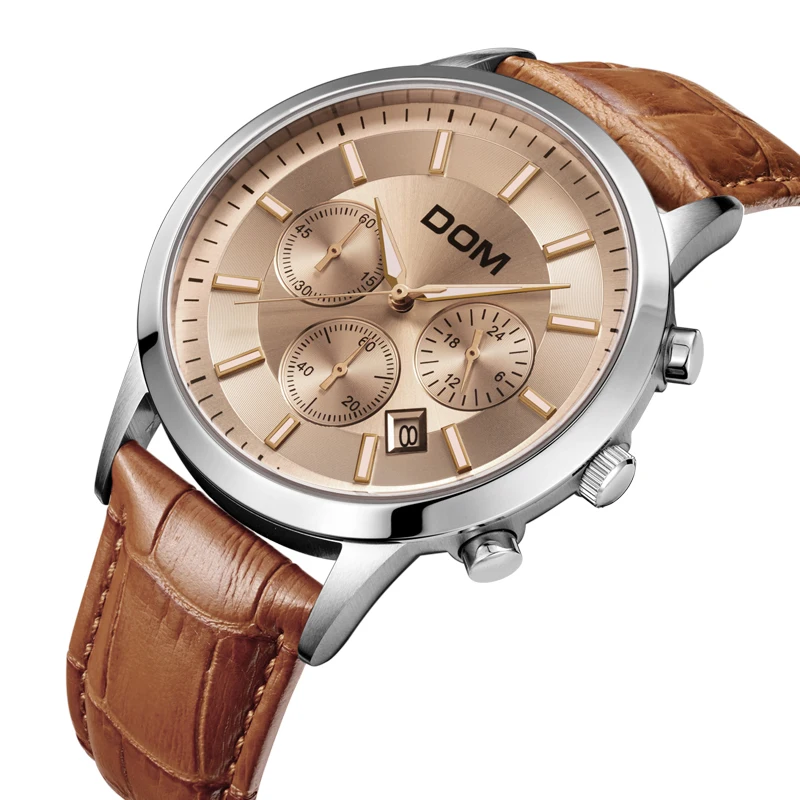 DOM 2016 Men Simple Quartz Watch Waterproof Leather Big Watch Casual Sports Masculine Multi Function Watches