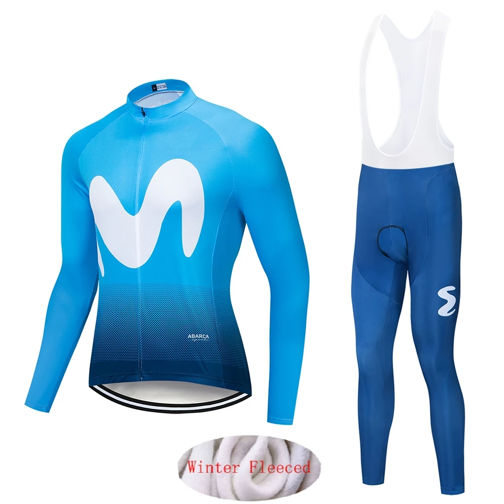 Movistar Pro Team Зимняя Теплая Флисовая длинная одежда набор мужской Велоспорт Джерси Bib длинный велосипед Ropa Ciclismo велосипедная одежда - Цвет: Синий