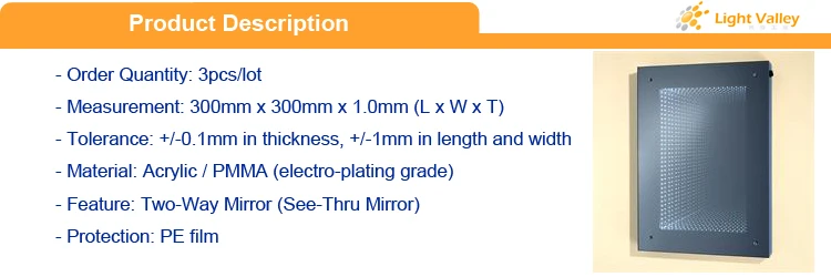 300 мм x 300 мм x 1,0 мм акриловое волокно(PMMA) Прозрачное нижнее белье через/2-полосная зеркало, 3 штуки в комплекте