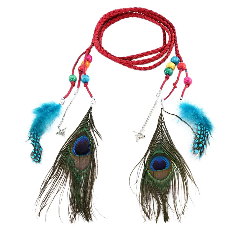 Women Bohemian Belt Braided Rope Peacock Feather Fringe Belt Waist Belt Elastic Waistband for men Fashion Accessory 40FE066