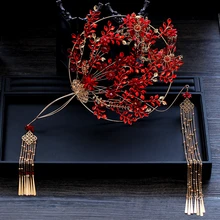 JaneVini роскошный китайский свадебный веер букеты красная бабочка Свадебный букет золотые длинные кисточки металлический ручной вентилятор для невесты цветы