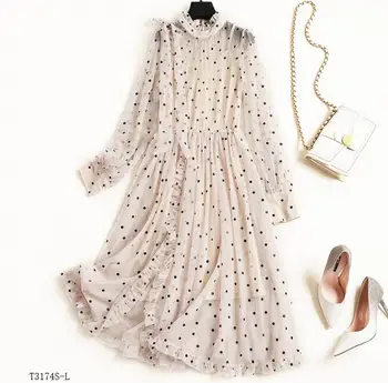 

European style 2019 New arrivals summer Spring fashion women clothes temperament patchwork mesh vintage dress T3174