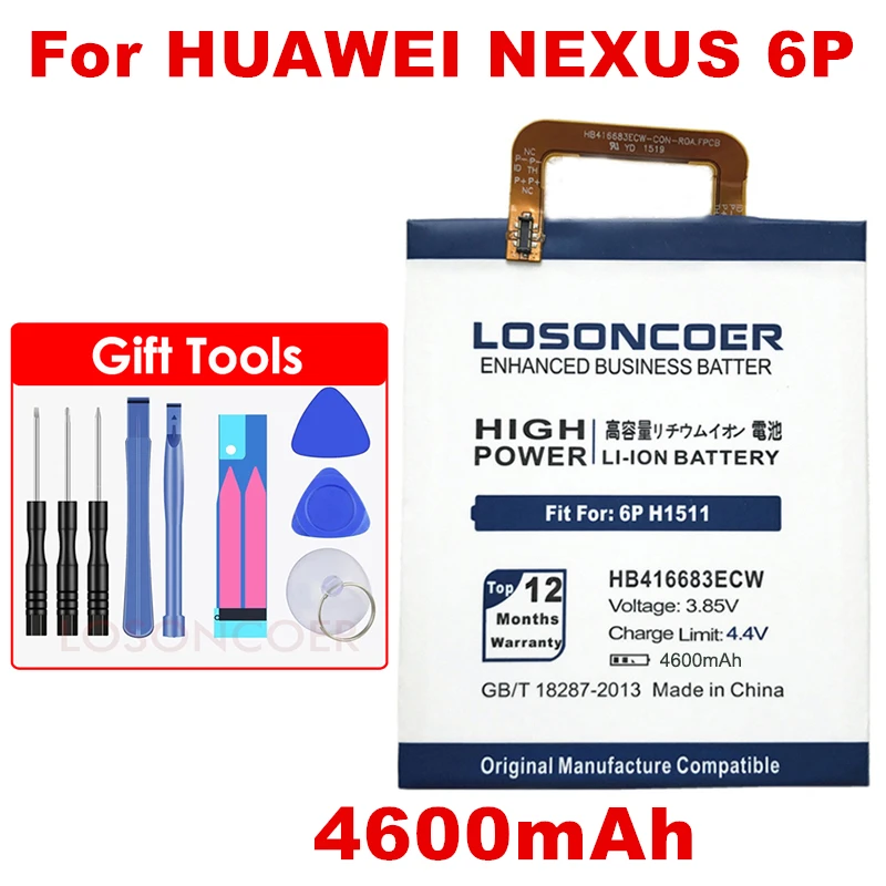 

LOSONCOER 4600mAh HB416683ECW Battery for Huawei Google Ascend Nexus 6P Battery H1511 H1512 +Gift tools +stickers