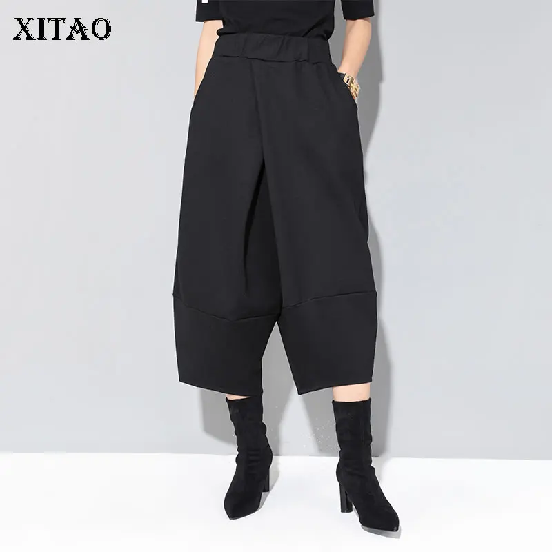 

[XITAO] Loose Women Europe Fashion 2019 Spring Summer Straight Pants Female Solid Color Elastic Waist Calf-length Pants ZLL2805