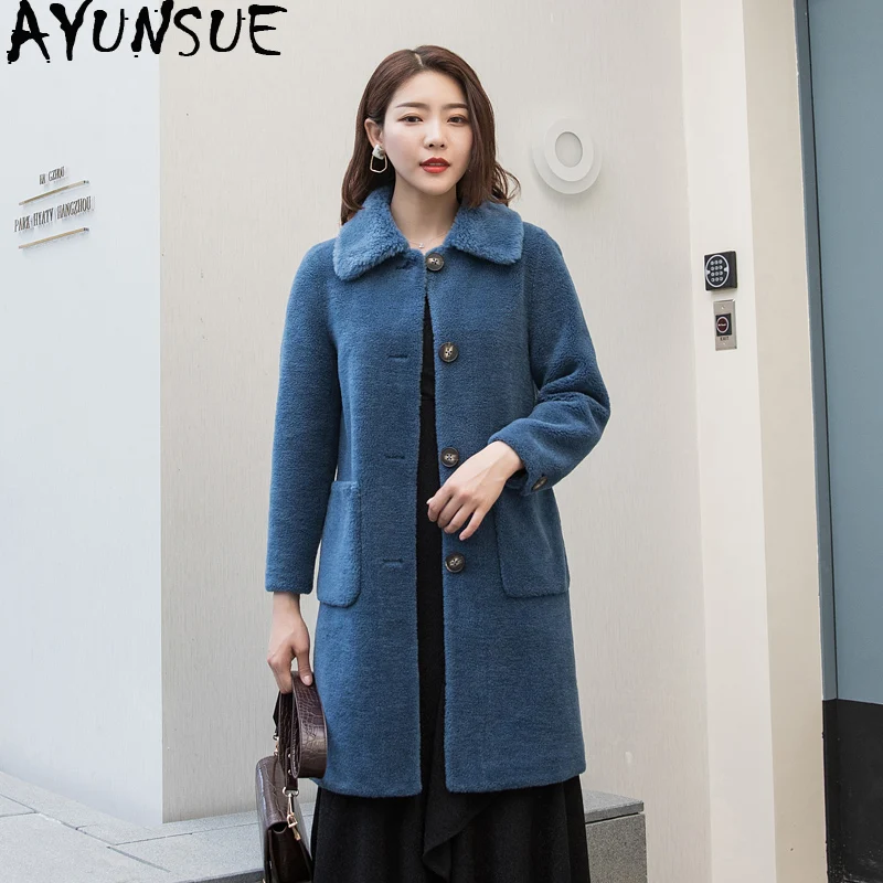 AYUNSUE Real Sheep Shearling Fur Coat 2019 Winter Jacket Women 100% Wool Coats and Jackets Women Long Coat Abrigo Mujer MY3604