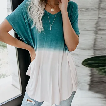 

Free Shipping New Women T-shirt Ladies Gradually Short Sleeve T-shirt Loose Leisure Medium-long V-collar T-shirt