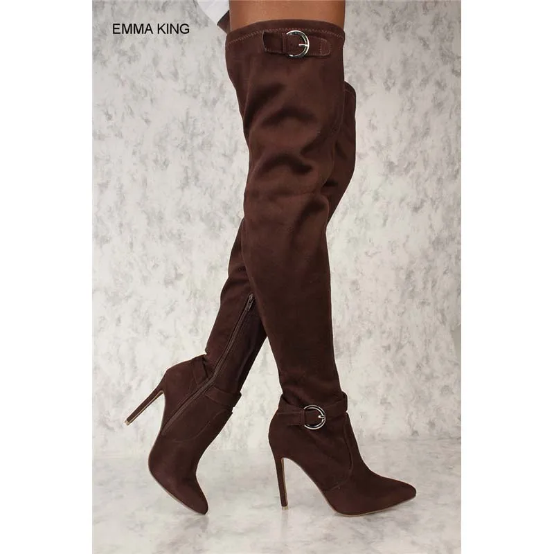 

EMMA KING Over The Knee Boots Women Thin High Heels Side Zipper Ankle Buckle Pointed Toe Autumn Fashion Mujer Botas For Party
