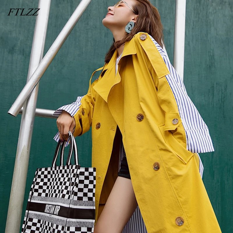 FTLZZ, Женская ветровка, длинное пальто, осень, стиль, в полоску, сшитое, желтое, зимнее пальто, женская одежда