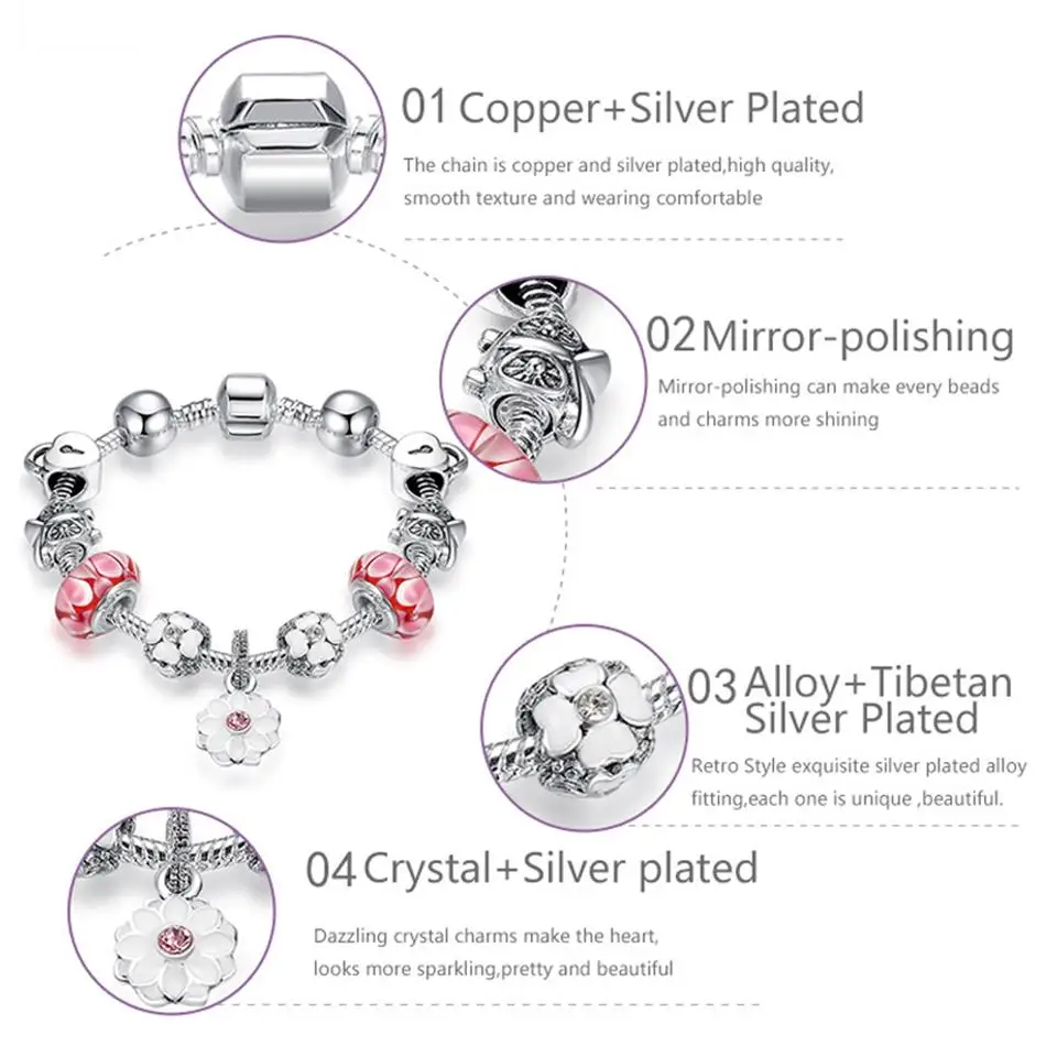 ELESHE Authentic Silver Color Snake Chain DIY Flower Charm Bracelet & Bangle Fashion Jewelry for Women Gift