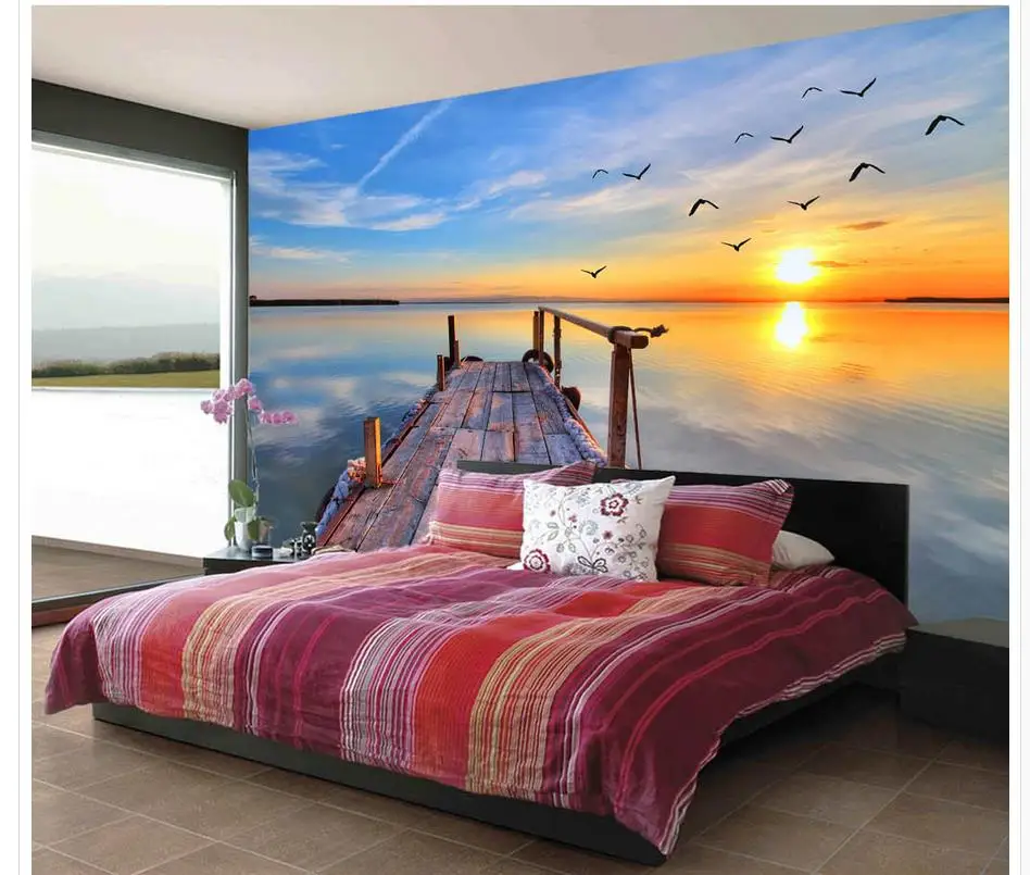 

Custom Any Size 3D Wall Mural Wallpaper Original Beautiful Blue Sky Sea Trestle Seagull TV Background Wall
