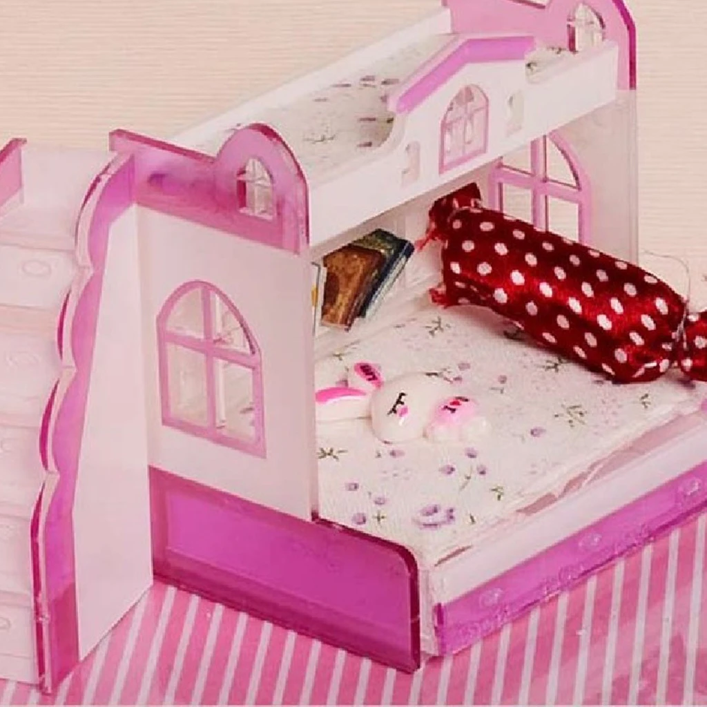 1/12 Dollhouse Miniature Children Bedroom Furniture Bunk Bed Double Bunk With Accessories Purple Color For Little Girls Present