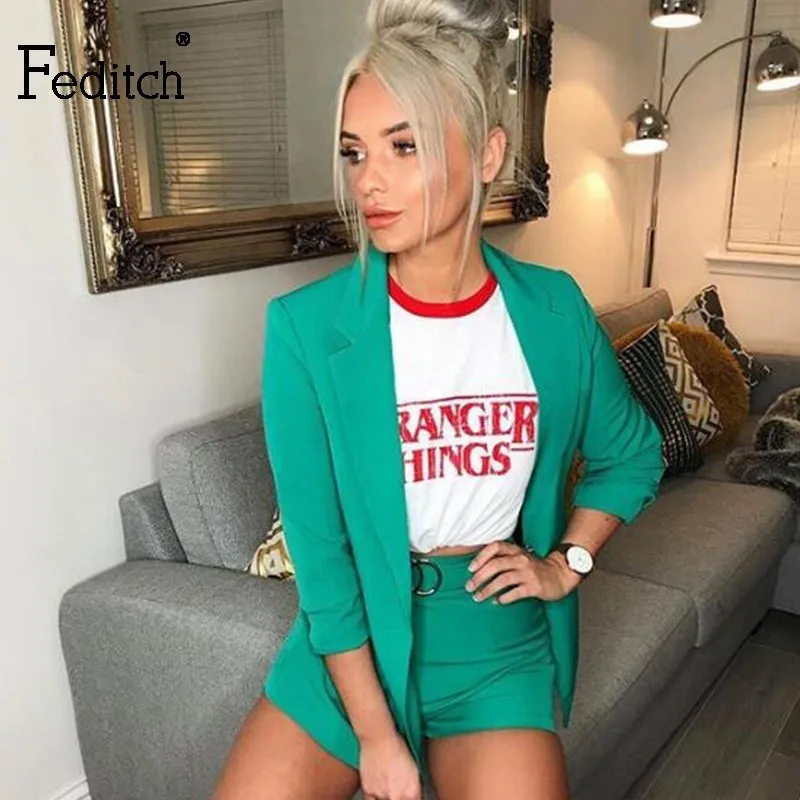 

Feditch Autumn Winter Two Piece Suits Women Sexy Deep V Neck Office Top And Shorts Sets Female Long Sleeve Elegant Formal Set
