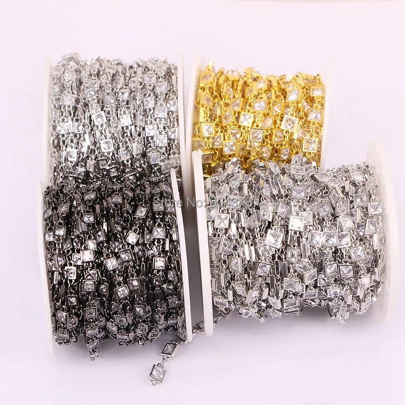 

1 Meter ZYZ177-8966 Clear White Zircon Faceted Square Beads Chains, Rosary Chain CZ Wire Wrapped Plated Chain Jewelry