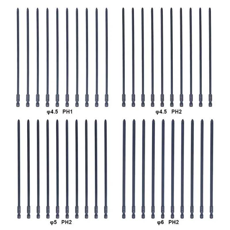 

10pcs 4.5/ 5.0/ 6.0mm x PH1/ PH2 1/4 inch Hex Shank 200mm S2 Alloy Steel Non Slip Magnetic Electric Screwdriver Drill Bits Set