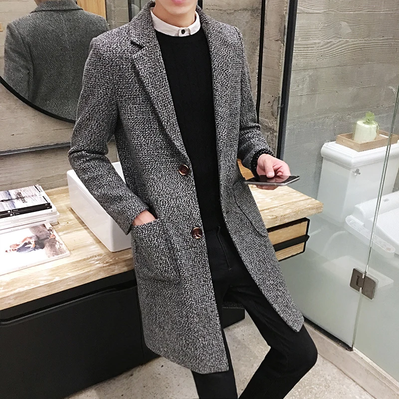 

Autumn and winter men's windbreaker solid color lapel long woolen coat, fashion slim British men's windbreaker jacket