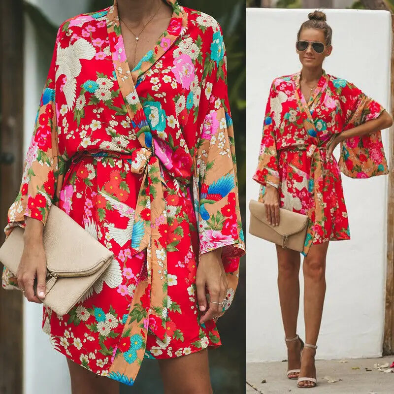 

2019 New Women's Boho Floral Open Capes Beach Cover Up Casual Loose Kimono Long Cardigan Vintage Holiday Seaside Bikini Covers