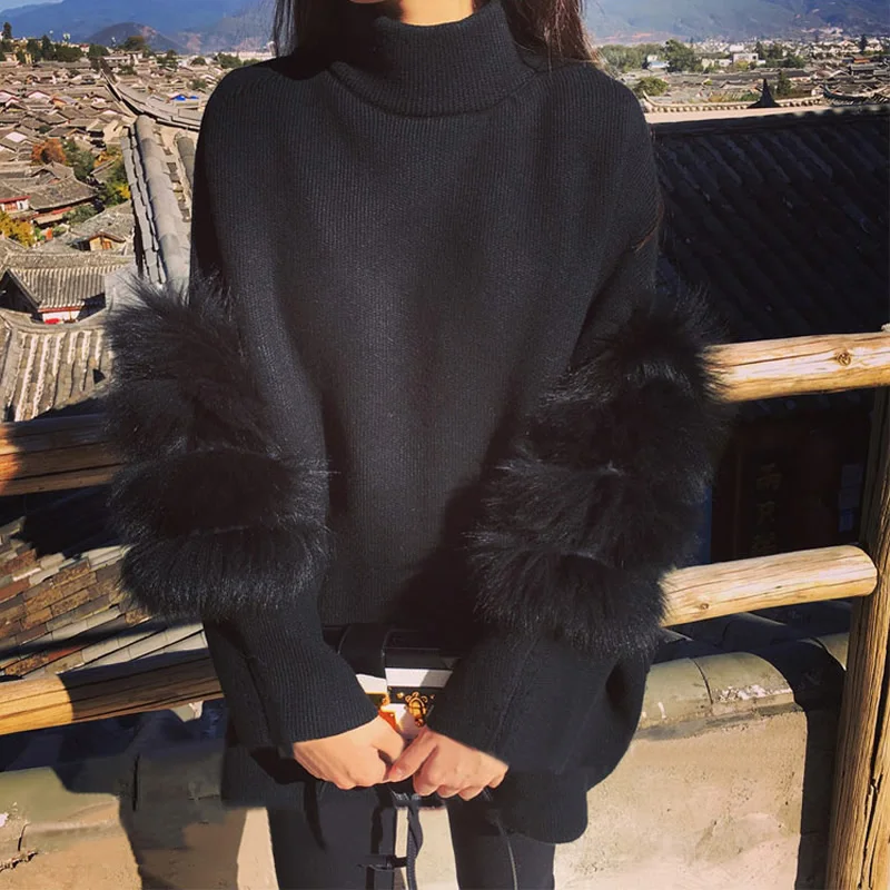 2017Fashion Women Fur Sweater Winter Truien Dames Fluffy Arm Fluff Sweater Tunic Turtleneck Pull Femme Manche Longue Outwea Sweaters