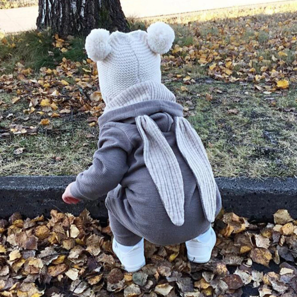 Брендовый Осенний комбинезон с длинными рукавами и заячьими ушками для новорожденных мальчиков и девочек теплая одежда Размеры от 0 до 24 месяцев