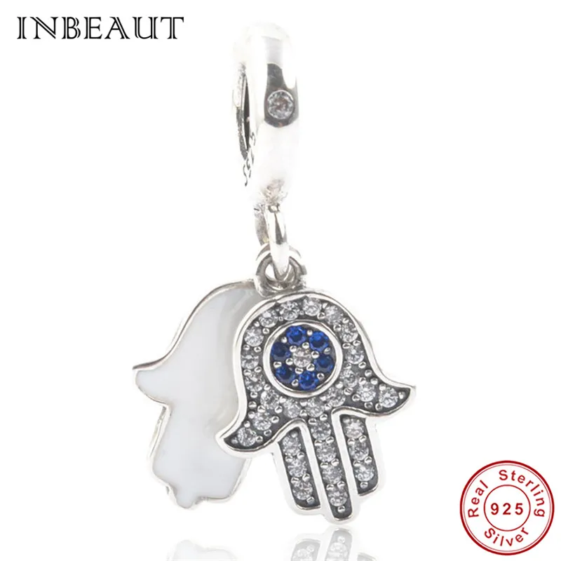 

925 Sterling Silver White&Blue CZ Fatima Hand Gesture Charm fit Pandora Bracelet Women Double Lucky Palm Zircon Beads 2018 Gift