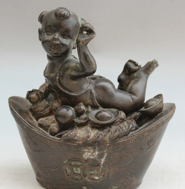

S1726 6" Old Chinese Bronze Feng Shui Yuan Bao Wealth Money Tong Zi Boy Lad Statue D0317