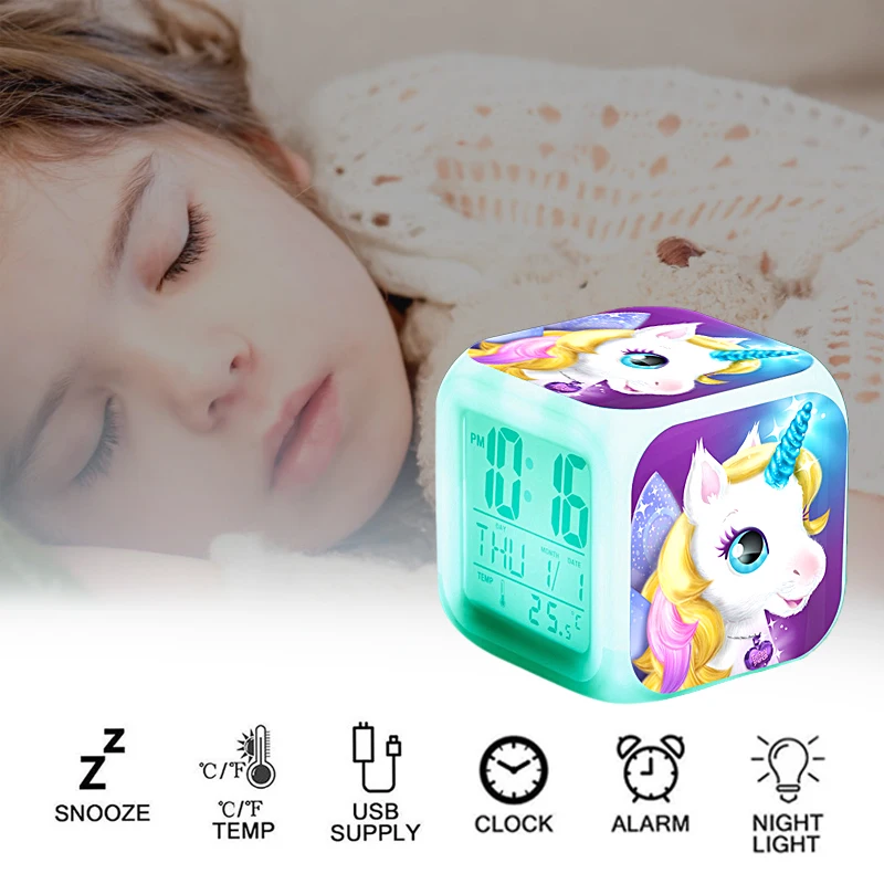 Детский будильник с изображением единорога из мультфильма, 7 цветов, светодиодный ночник, Настольный светильник, будильник, домашний декор для детей, подарки на Рождество и год