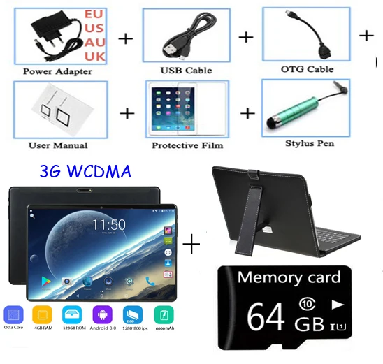 10-дюймовый Восьмиядерный 4G, планшет, PC, 4 Гб Оперативная память 128 Гб Встроенная память Android 8,0 ips 5.0MP 3g WCDMA с двумя сим-картами карты 1280*800 ips 10 дюймовый планшет - Bundle: 3G keyboard case