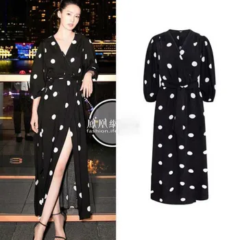 

New Women Mid Long Dress Vintage Dots Printed 2019 Vacation V-neck Sexy Split Sashes Female Retro Dresses Three Quarters Sleeve