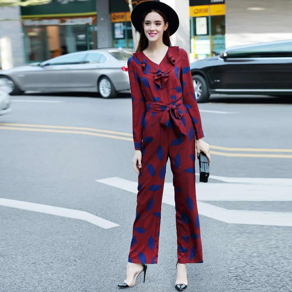 

2017 Latest Spring & Summer New Arrival Europe Style Elegant Cotton V-Neck Full Sleeve Straight Sashes Print Jumpsuits Women