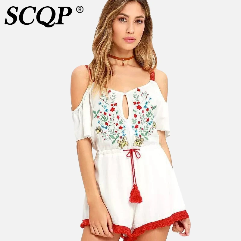 SCQP White Cotton And Linen Floral Rompers Womens Jumpsuit Embroidery