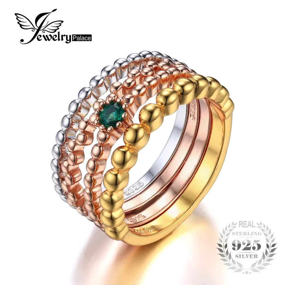 

JewelryPalace 925 Sterling Silver Created Emerald 3 Tone 4 Rope Band Stackable Ring Set Women Trendy Jewelry 2016