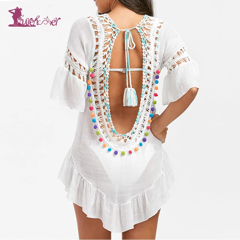 

Lurehooker Sexy Crochet Dress Beach V-neck Beach Cover See-through Beach Dress backless Beach Cover up Summer Bathing Suit