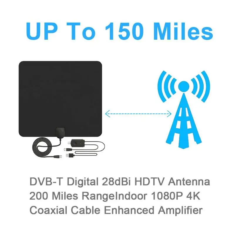 DVB-T F мужской и IEC цифровой 28dBi HDTV антенна 200 миль диапазон Крытый 1080 P 4 к коаксиальный кабель усиленный усилитель черный и белый