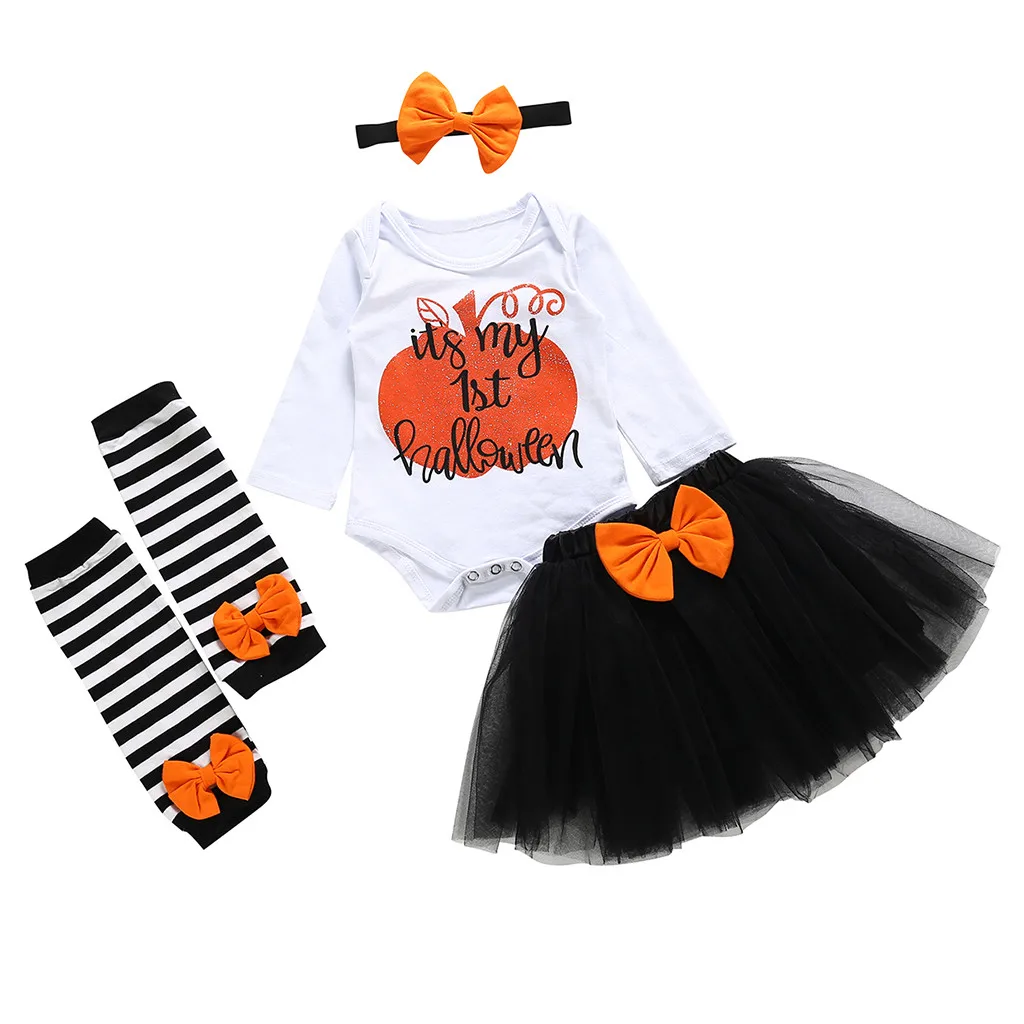 

MUQGEW Infant Baby Girls Clothes Set 4PCs Halloween Letter Romper Striped Leg Warmers Tutu Skirts Outfit Vetement Enfant Fille
